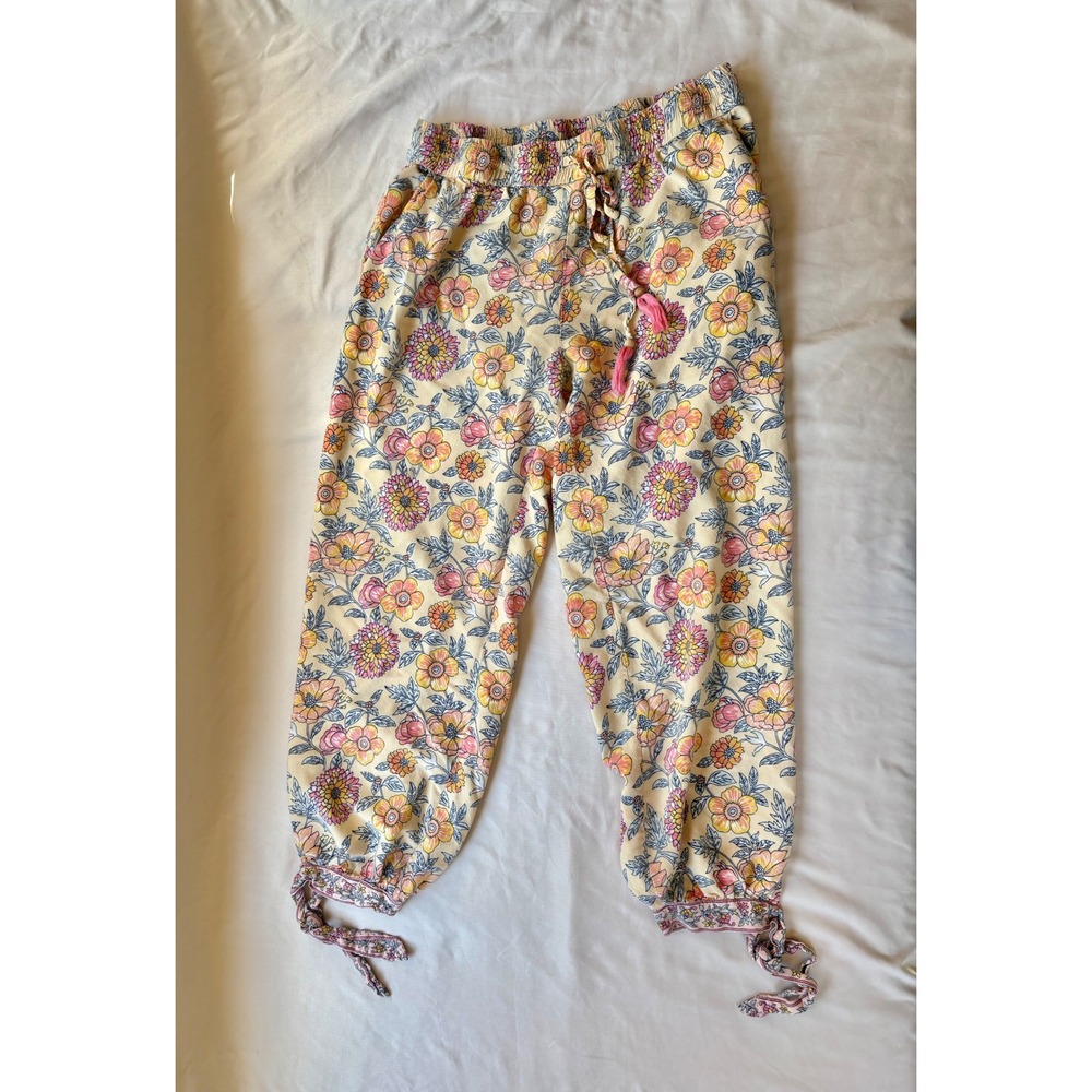 World Market Floral Jogger Pants Yellow Pink Boho Tassel Drawstring S/M